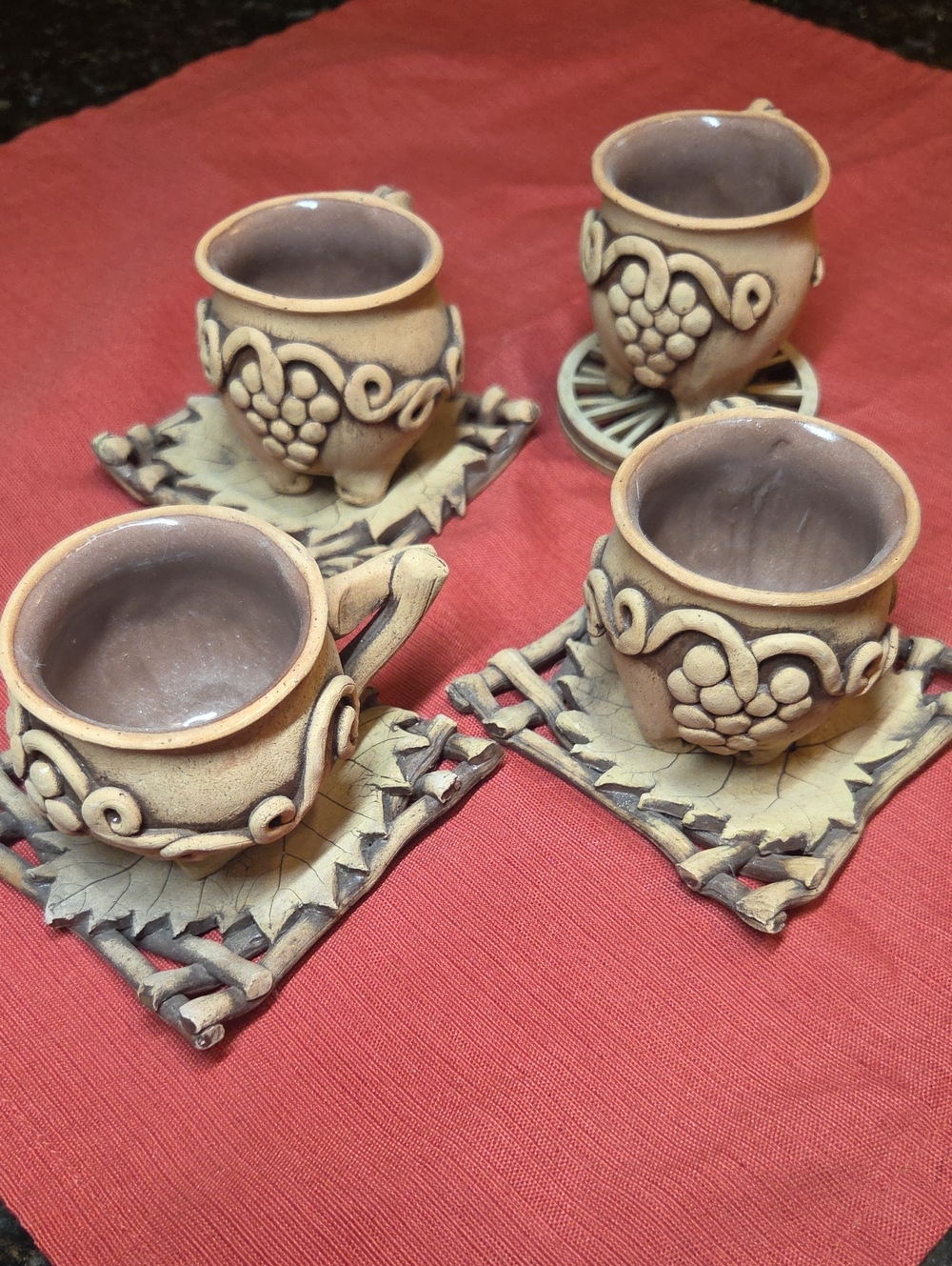Handcrafted Beige Ceramic Espresso Cup Set with Leaf Coasters